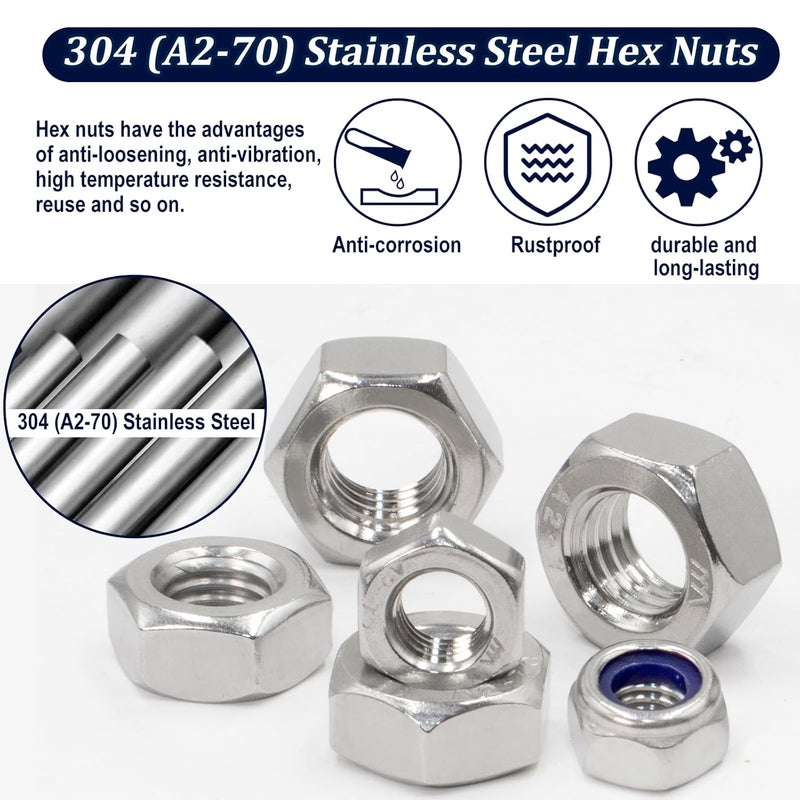 ZQZ 360 Pack Metric Hex Nuts & Locknuts Assortment Kit，M3 M4 M5 M6 M8 M10 M12 304 Stainless Steel Assorted Nylon Insert Lock Nuts Sets，Standard Thread Nylock Nuts - Image 4